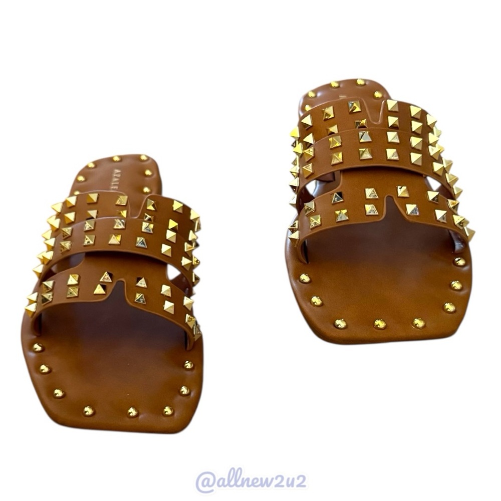 Azalea Wang Archer Gold Studded Sandals in Tan Size 7 - Picture 7 of 17